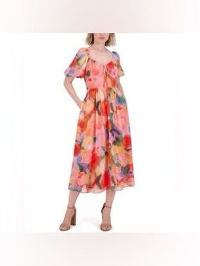 Vince Camuto Puff Sleeve Watercolor Floral Peasant Milk Maid Dress Bold Pink Red